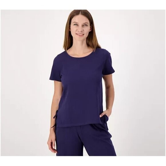 Cuddl Duds Crinkle Jersey Short Sleeve Side Tie Top Oxford Navy S A593292 - Picture 1 of 2